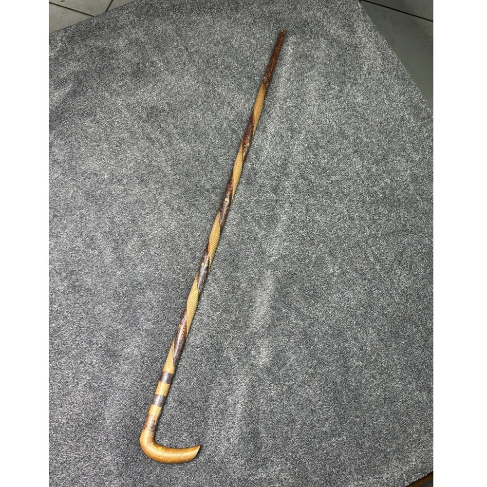 Vintage Hand Carved Spiral Wood Walking Cane 36 Inch Rustic Bark Finish Stick